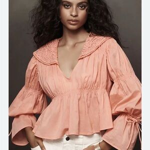 Anthropologie Pink/Rose Lace Collar Babydoll Blouse